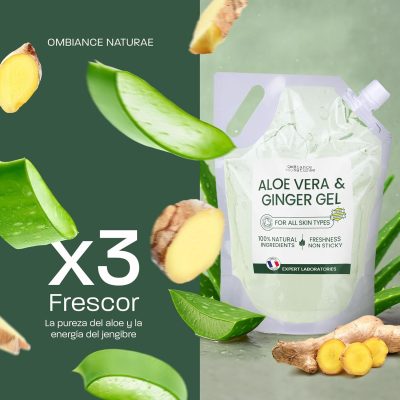 aloe vera jengibre 4 Gel de Aloe Vera y Jengibre – Hidratante, reafirmante y refrescante, con aloe de hoja fresca de cultivo ecológico en España – Cara, Cuerpo y Cabello –Afeitarse Después del sol, Piernas (ref.1066)