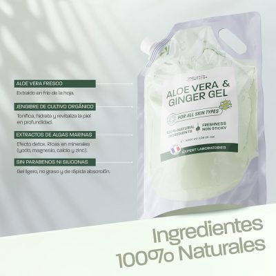 aloe vera jengibre 5 Gel de Aloe Vera y Jengibre – Hidratante, reafirmante y refrescante, con aloe de hoja fresca de cultivo ecológico en España – Cara, Cuerpo y Cabello –Afeitarse Después del sol, Piernas (ref.1066)